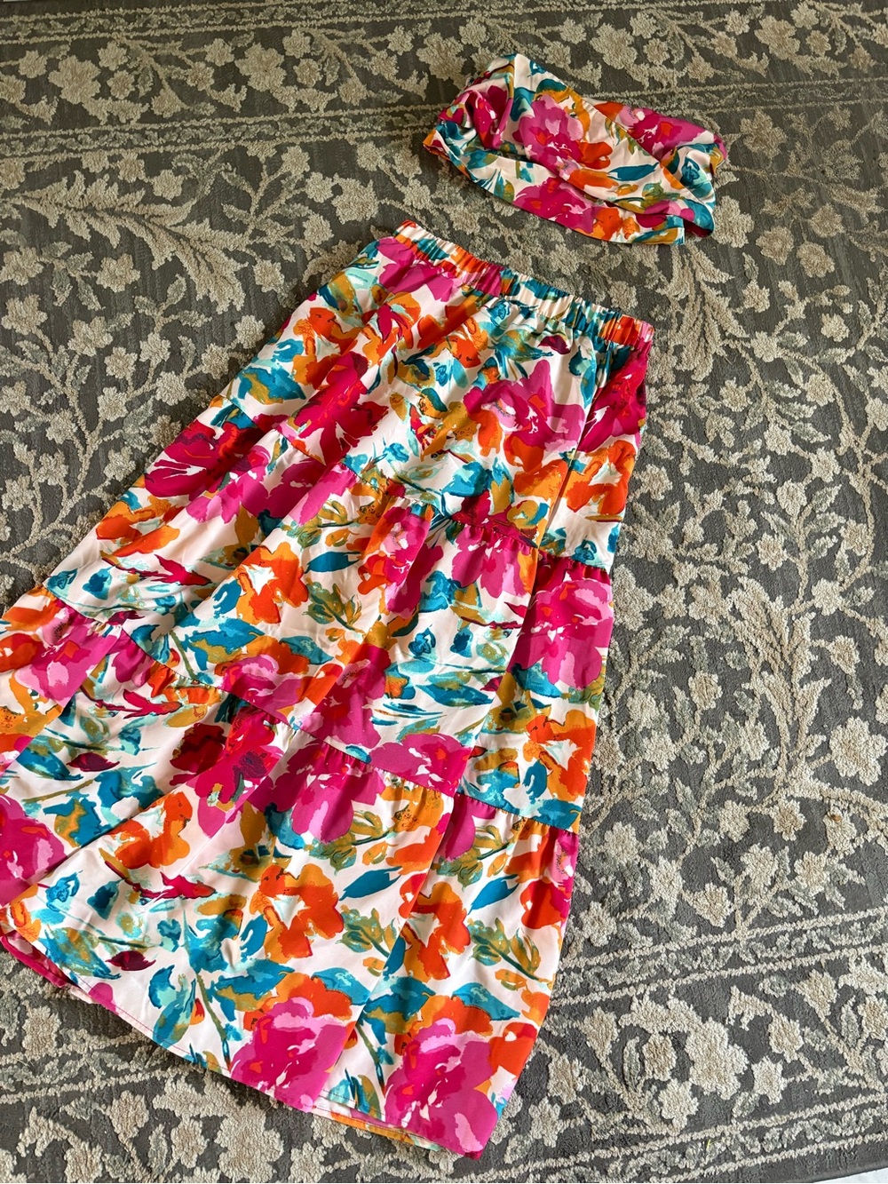 Floral Tiered Maxi Skirt in Pink & Orange